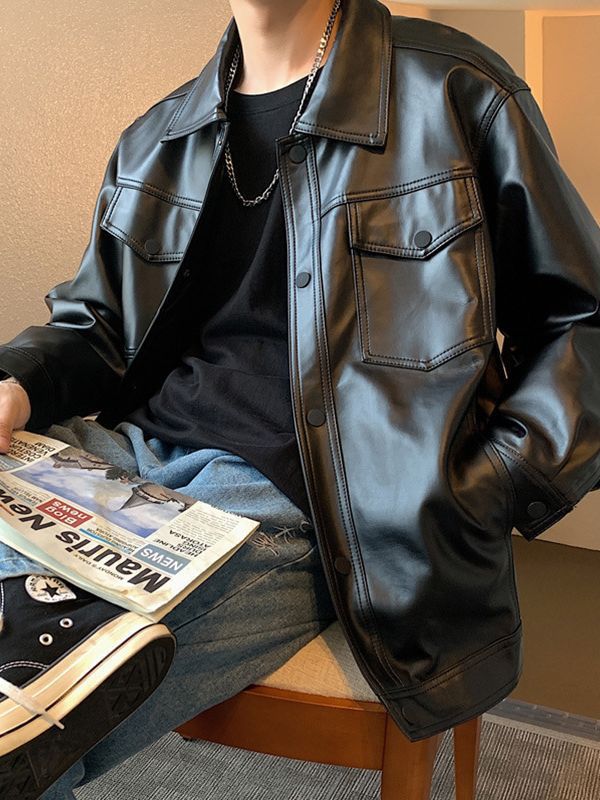 Leather Men's Coat Spring and Autumn PU Leather Jacket Flying Biker Suit Loose plus size Casual Trendy Brand Pluton Handsome Top