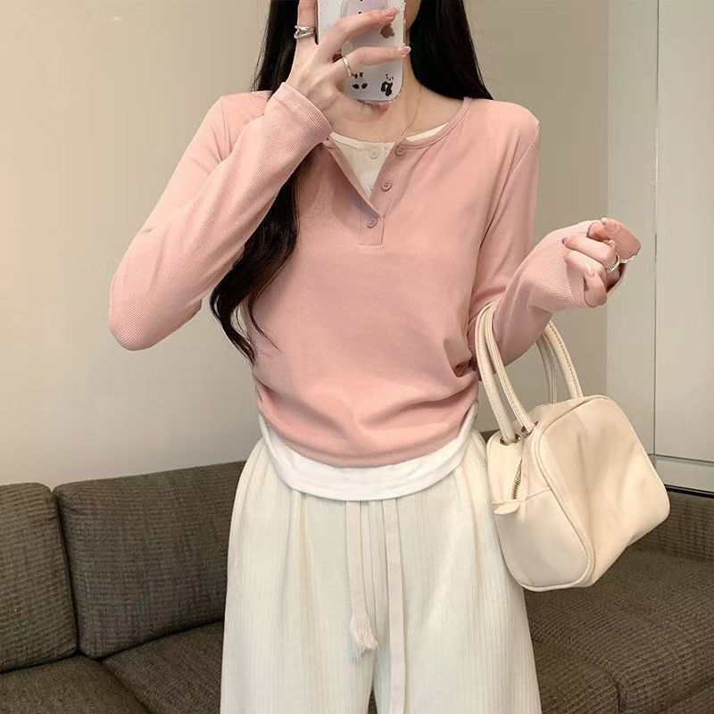 Contrast Color Fake Two-Piece Long-Sleeve Shirt for Women, 2026 Spring New Style, Slim Fit, Round Neck, Inner Layering Top