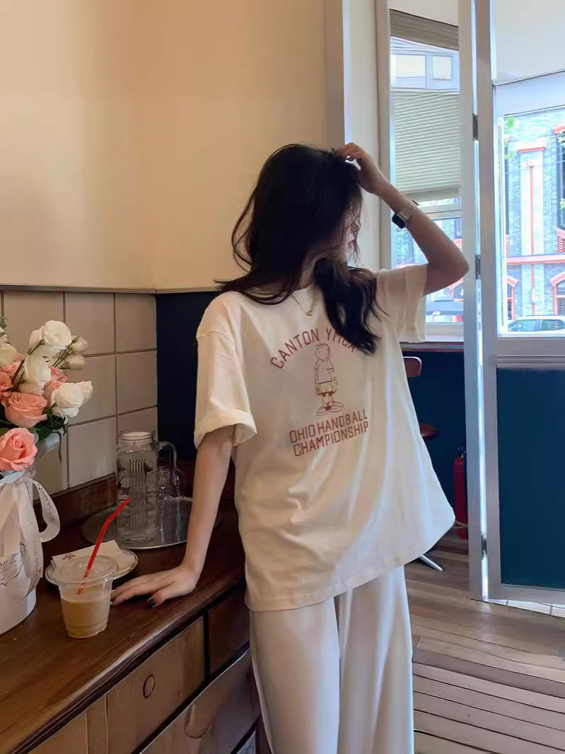 Cross-border retro cartoon printed short-sleeved T-shirt for women trendy summer Korean style ins Hong Kong style loose all-match top for students