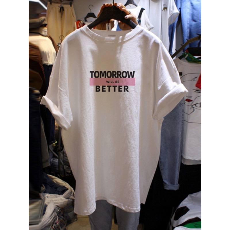 Fat Girl Midi Short-sleeved T-shirt Women's Summer 2025 New South Korea Ins Trendy Letter Pure Cotton Casual All-match Top