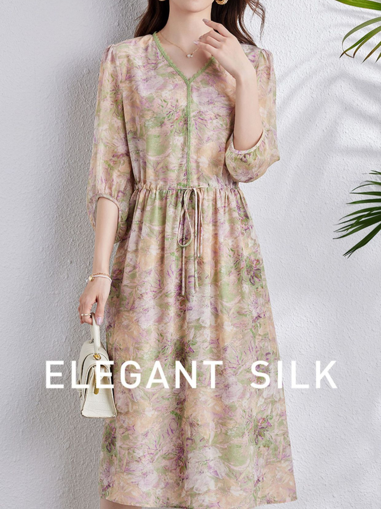 Hangzhou Elegant Mulberry Silk Printed Dress 25 Summer New Crepe De Chine Silk Single Layer Simple Versatile Age-Reducing Dress