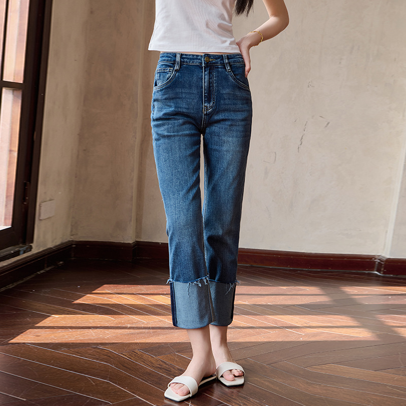 2026 Denim Cuffed Straight High-Waisted Petite Vintage Blue Cigarette Jeans Stretch Slimming Versatile Casual Pants