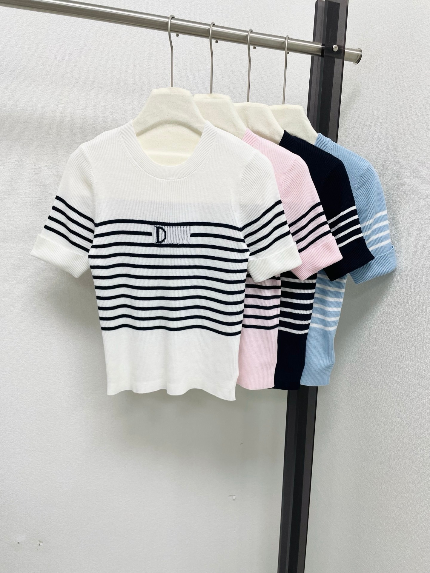 High-End D+26 Summer New Style Letter Jacquard Color-Block Striped Slim-Fit Stretch Short-Sleeve Knit T-Shirt for Women