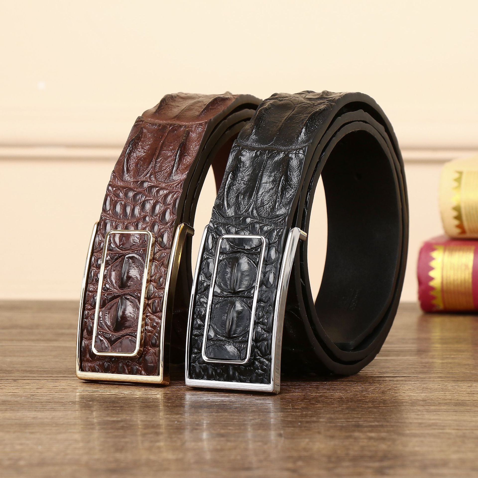 Crocodile Bone Pattern Men's Leather Belt Trendy Young Men's Belt One-Piece Wholesale Versatile Crocodile Double Bone Pattern Factory