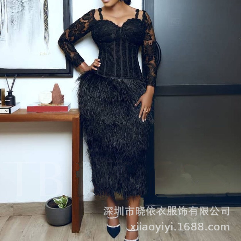 Amazon and Aliexpress Cross-Border Best-Selling European and American Style Elegant Commuter Sexy Lace Long-Sleeve Tube Top Furry Tassel Dress