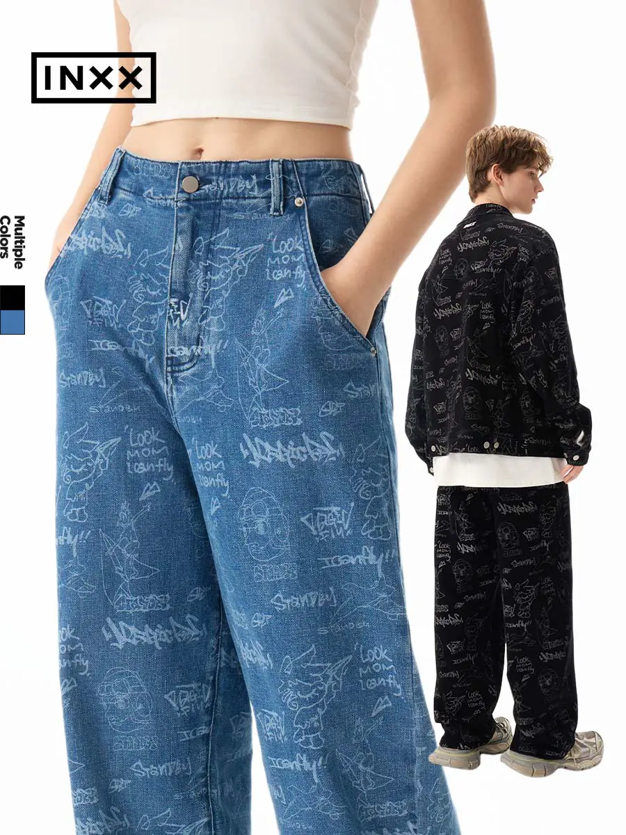 【Inxx】Full Version Print Denim pants Men's Niche Design Loose Loose pants American Street Straight Pants Women