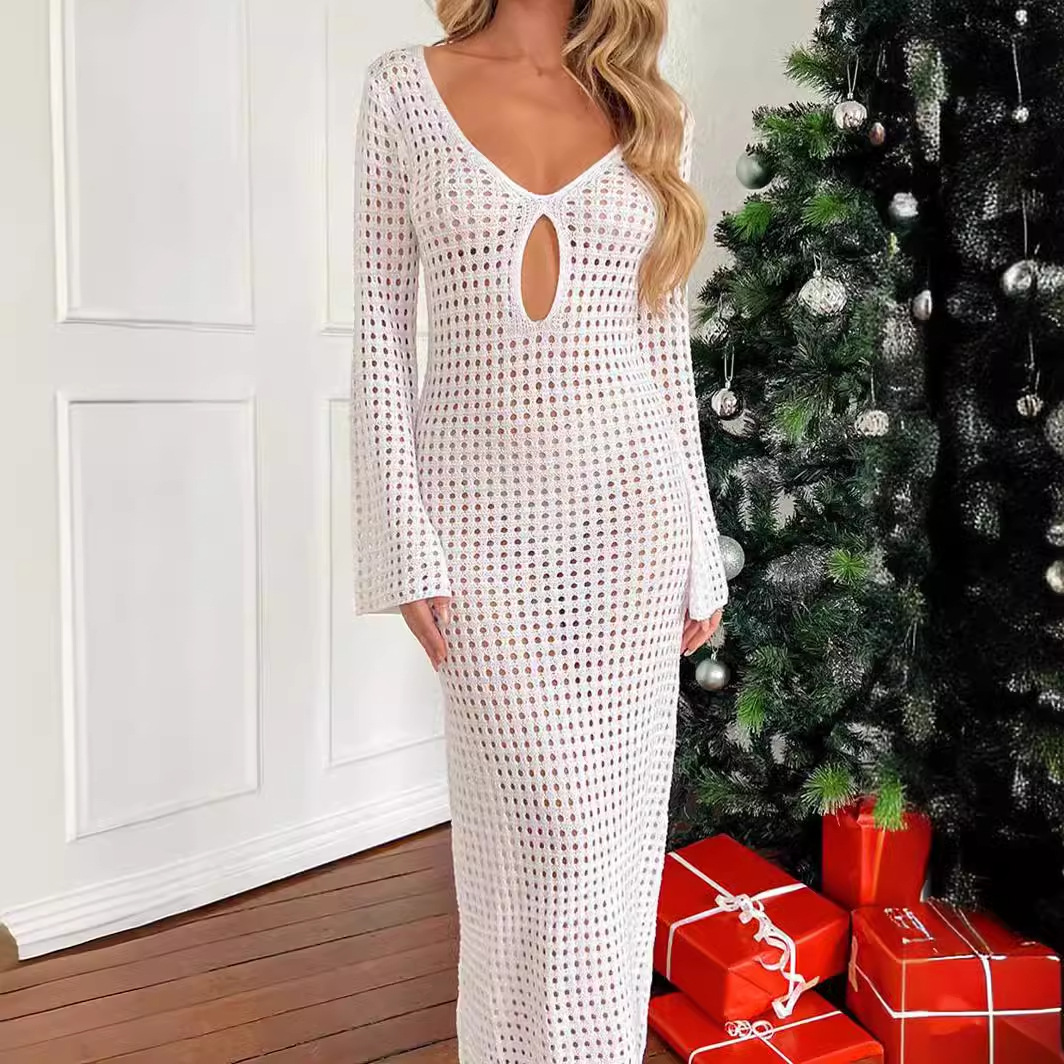 2025 Summer Vacation Dress Sexy V-Neck Cut Out Slim High-Waisted Dress Bikini Cover-Up Dress Beach Dress Women