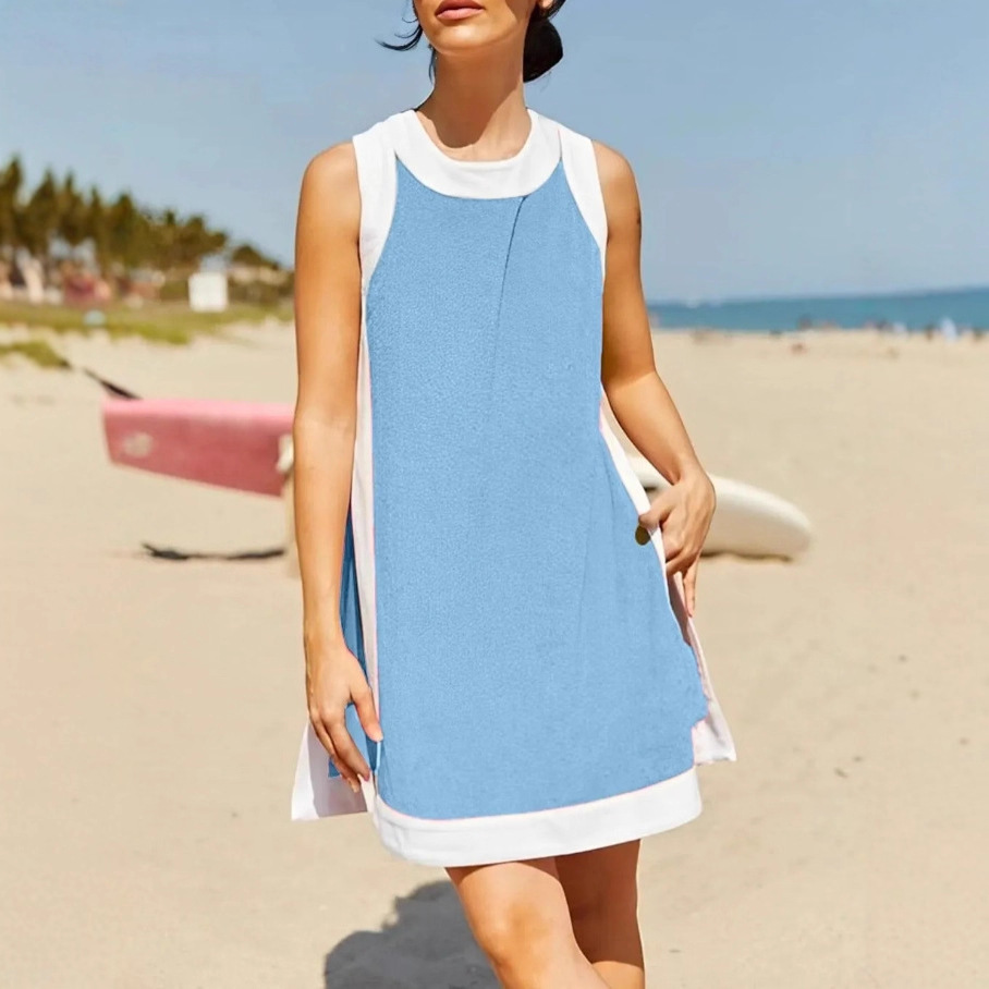 Amazon Independent Station Summer New Hot Selling Women's Casual Color Block Round Neck Sleeveless Top with Shorts Set