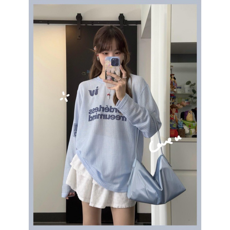 Ruth's American-Style Lazy Hollow Knit Trendy Printed T-Shirt Cover-Up with Niche Letter Design Sun Protection Shirt