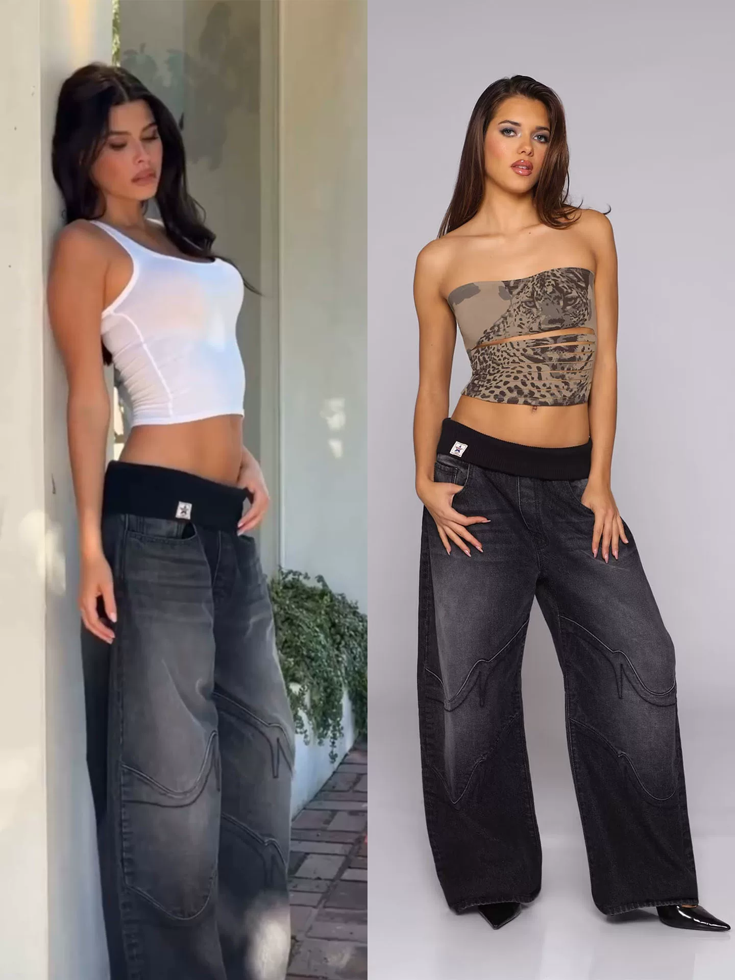 Revision denim threaded flip waist black gray washed denim jeans retro spicy girl mid low rise silhouette pants