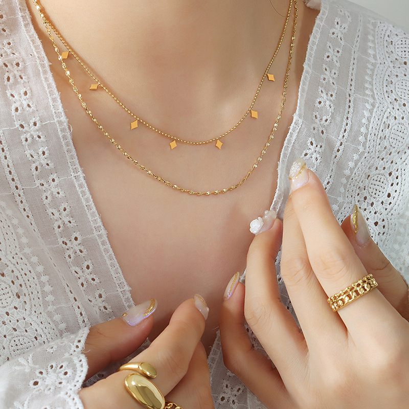 European and American Style ins Style chocker Geometric Piece Double Layer Stacked Titanium Steel Necklace Light Luxury Fashion Clavicle Chain