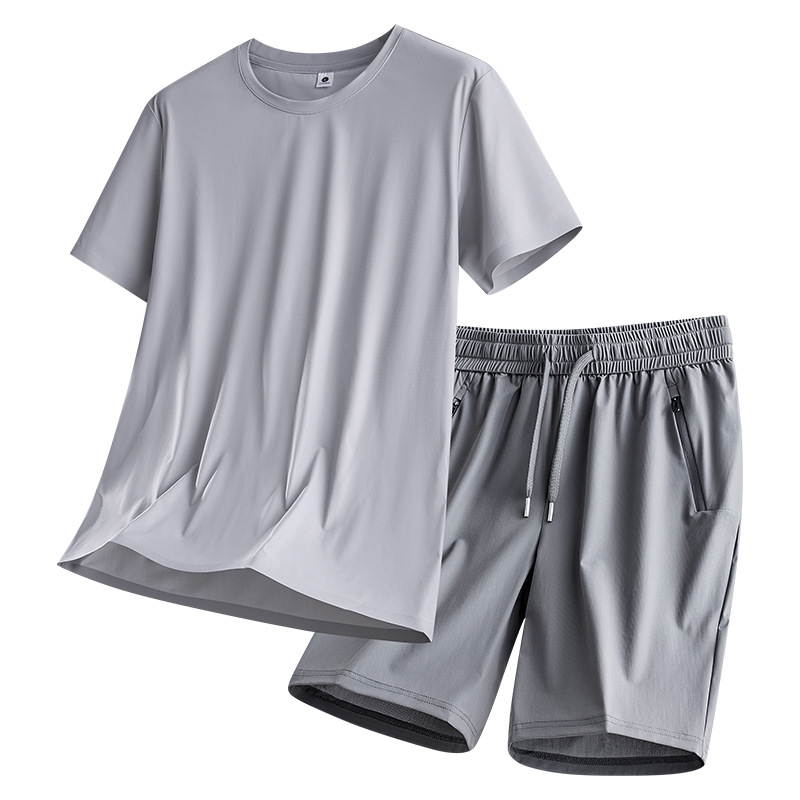 Ice Silk Quick-Drying Sports Suit for Men, Summer Thin Breathable Large Size Running Short-Sleeved Shorts Casual Two-Piece Set for Men