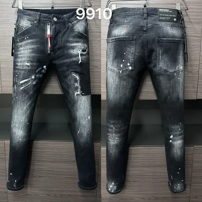 9910 New D2 Men's Denim Pants Patch Personalized European Station Style White Small Straight Leg Cross-Border Trendy Jeans