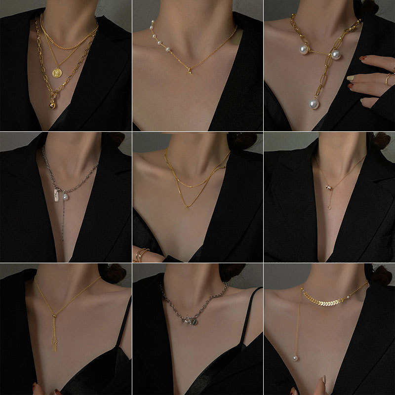 Titanium Steel Personalized Simple Necklace Women's All-match Cold Style Jewelry Pendant High-grade Clavicle Chain Necklace Pearl Accessories