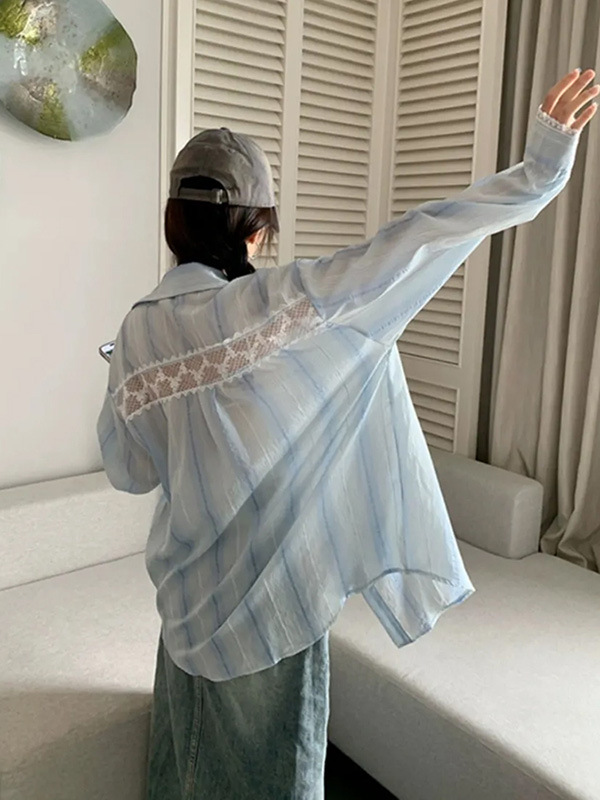 Designer-Style Shirts for Women 2026 Summer New Korean Style Patchwork Lace Shirt Loose Lazy Style Sun Protection Top
