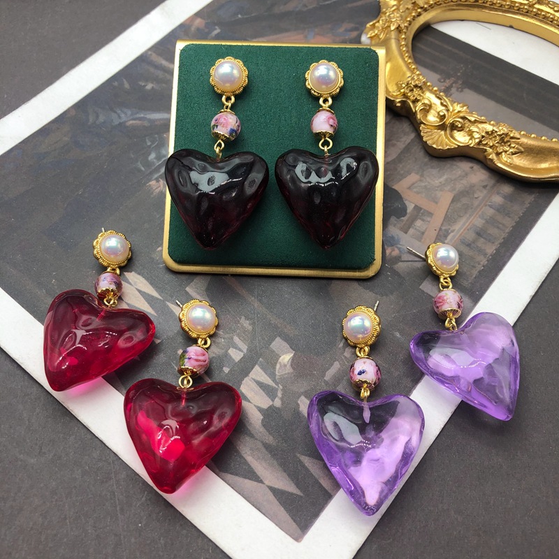 Western Middle Ancient Color Love Pendant Earrings Ma Caibei Glazed Printed Beads High-grade Light Luxury Earrings