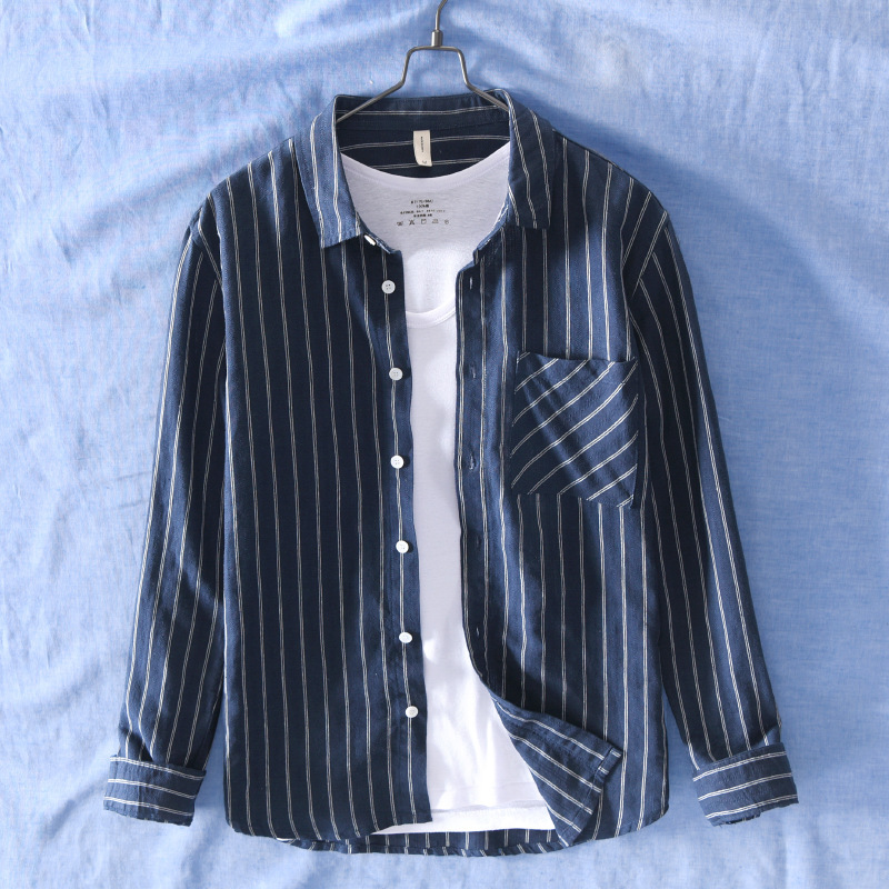 767 New Pocket Coat Cotton and Linen Casual Striped Shirt Japanese Simple All-match Shirt Men's One-piece Hair