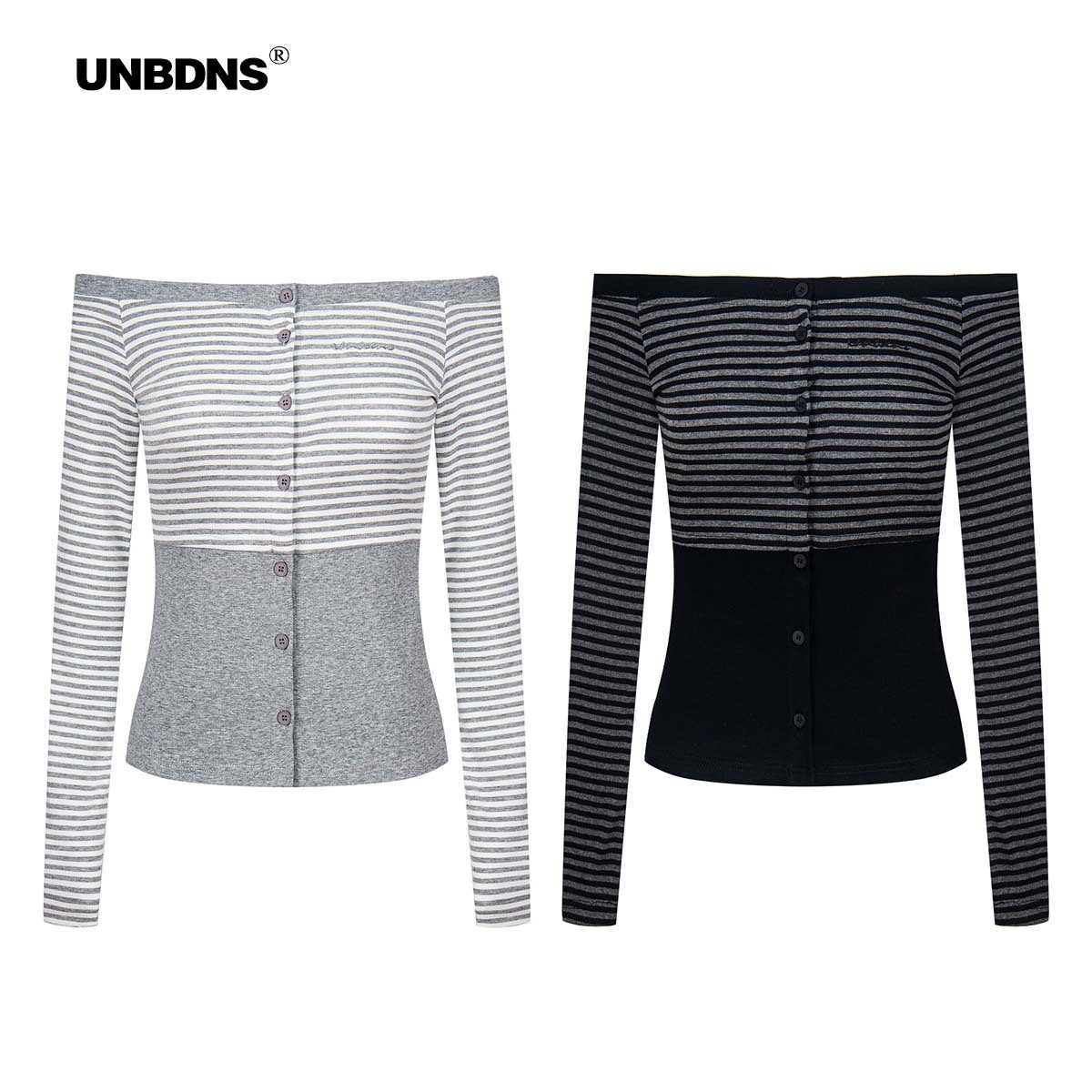 Unbdns One-Shoulder Fake Two-Piece Striped Color-Blocking High-End Long-Sleeve Slim-Fit T-Shirt for Women