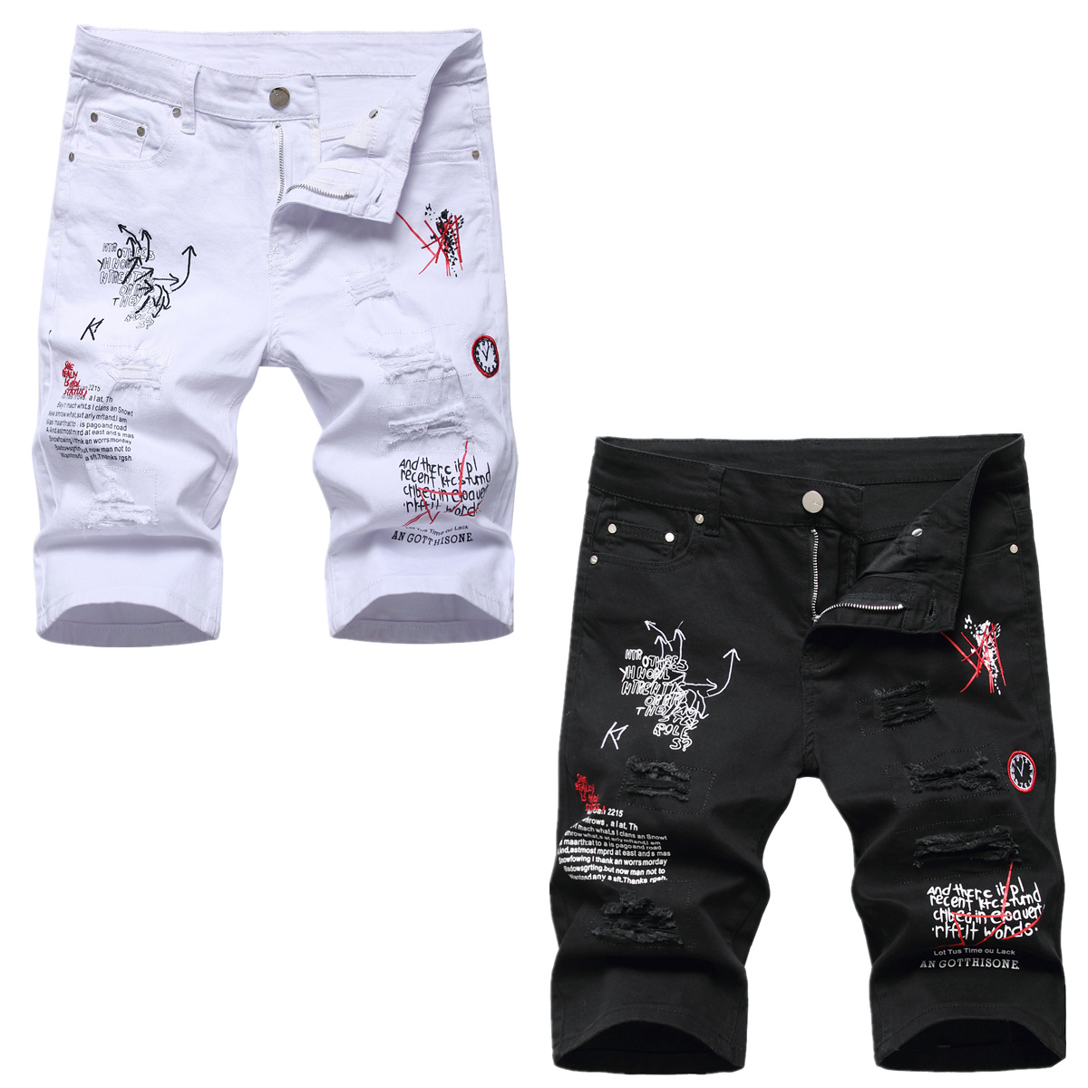 Light-colored printed ripped embroidered Denim shorts men's slim-fit stretch cropped pants fashion brand middle pants breeches cropped pants thin