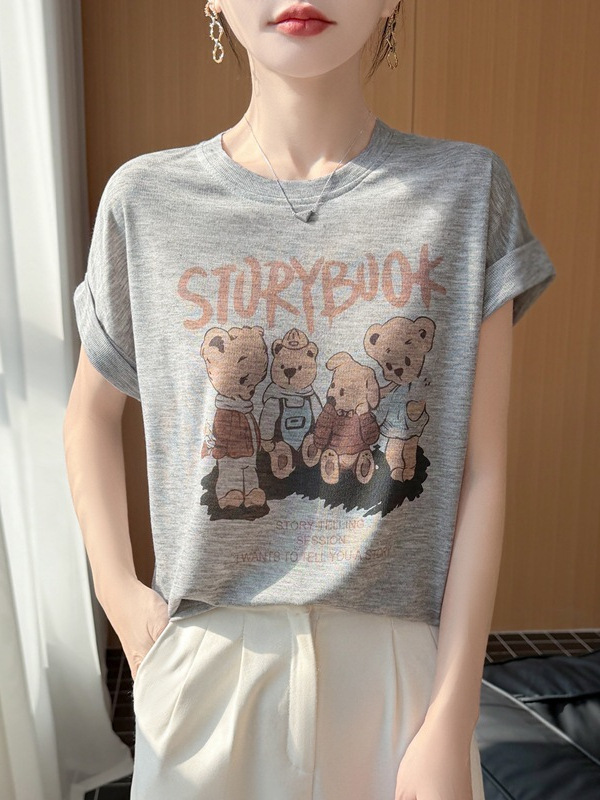 Korean Style Bear Cartoon Print T-Shirt Round Neck Bear Short-Sleeved Women's Loose Pullover Knitted Top 2026 Summer New Style