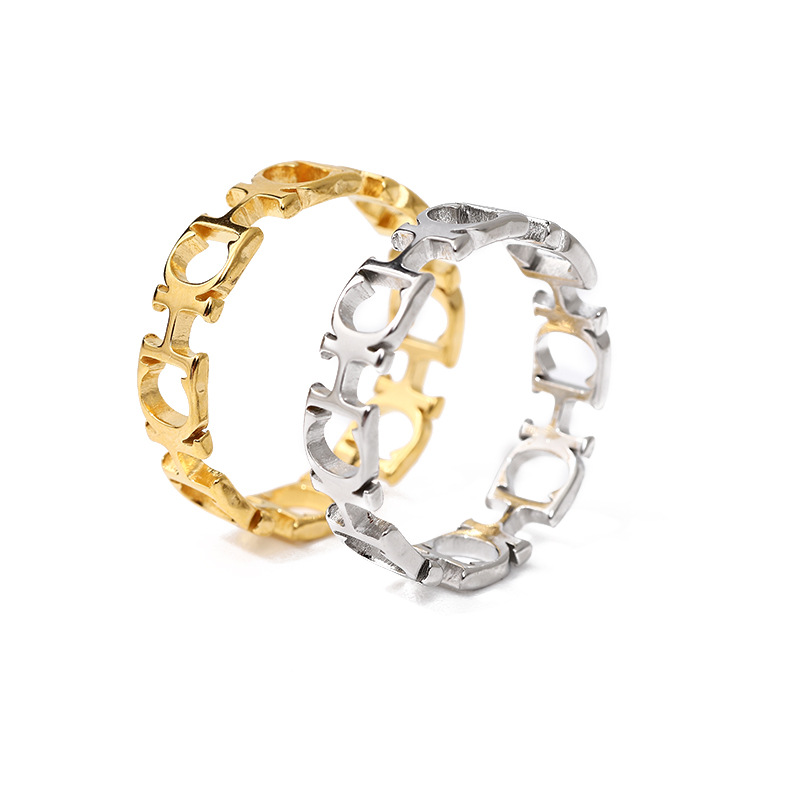 Europe and the United States cross-border hot fashion letters hollow titanium steel ring 18K gold letters CH index finger tail female personality ins