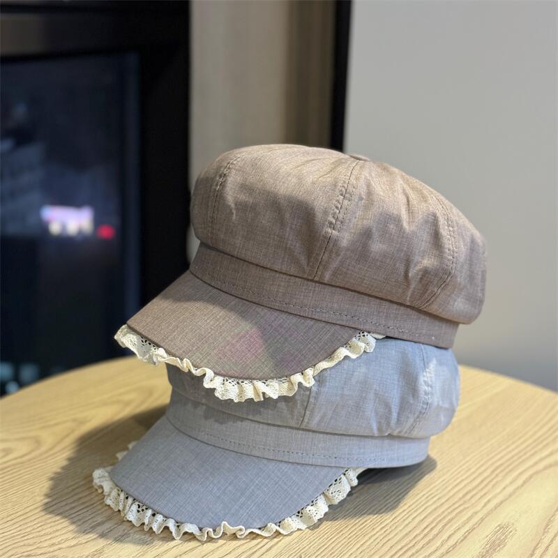 Lace-Trimmed Denim Octagonal Hat for Women, Spring and Summer, Large Head Circumference, Makes Face Look Smaller, Artistic High-End Beret, Painter's Hat