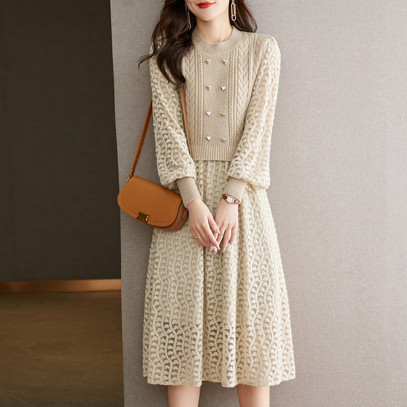 Korean Socialite Knitted Fake Two-Piece Dress 2024 Autumn and Winter New Fashion High-Waist Lantern Sleeve Long Sweater Dress