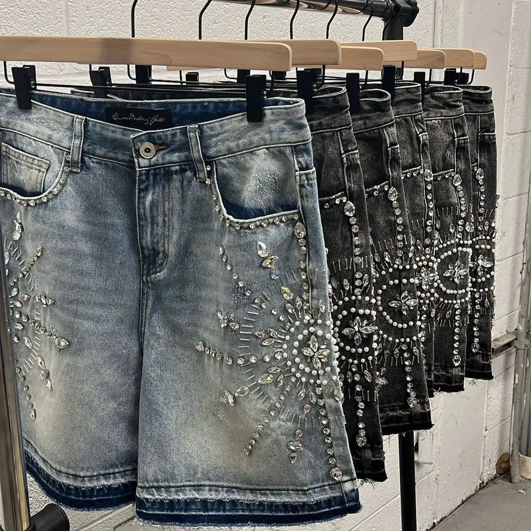 Fashionable Trendy American-Style Personalized Street Heavy-Duty Rhinestone-Embellished Denim Shorts for Men and Women, New Summer Loose Shorts