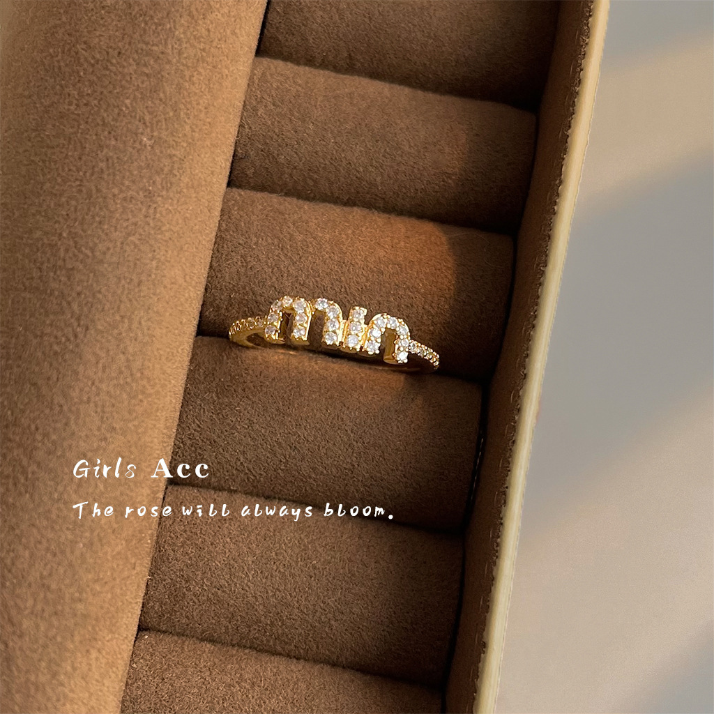 French Style Light Luxury Letter Zircon Ring Women's Niche High-end Finger Ring Personalized Fashionable Elegant Stackable Ring