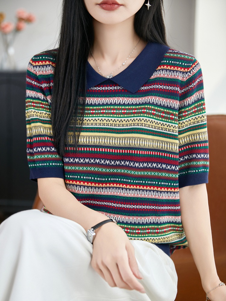 Vintage Colorful Striped Lyocell Tencel Turn-Down Collar Knit Short Sleeve T-Shirt for Women, Summer Thin Pullover Top