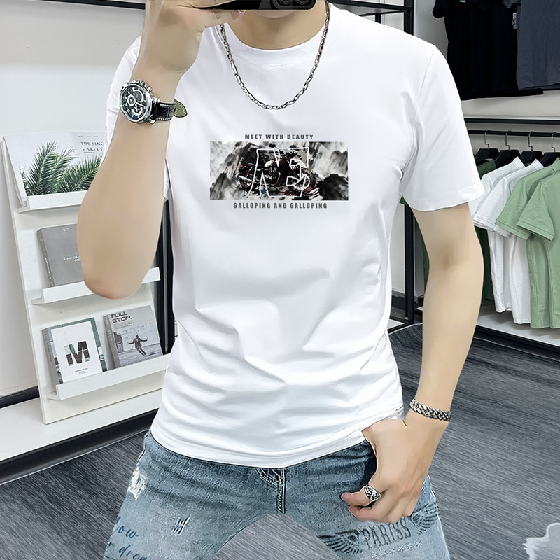 Lanshengyi Round Neck Short-Sleeved Summer New Men's Slim-Fit Printed T-Shirt Fashionable Versatile Top Ins Casual Half-Sleeve