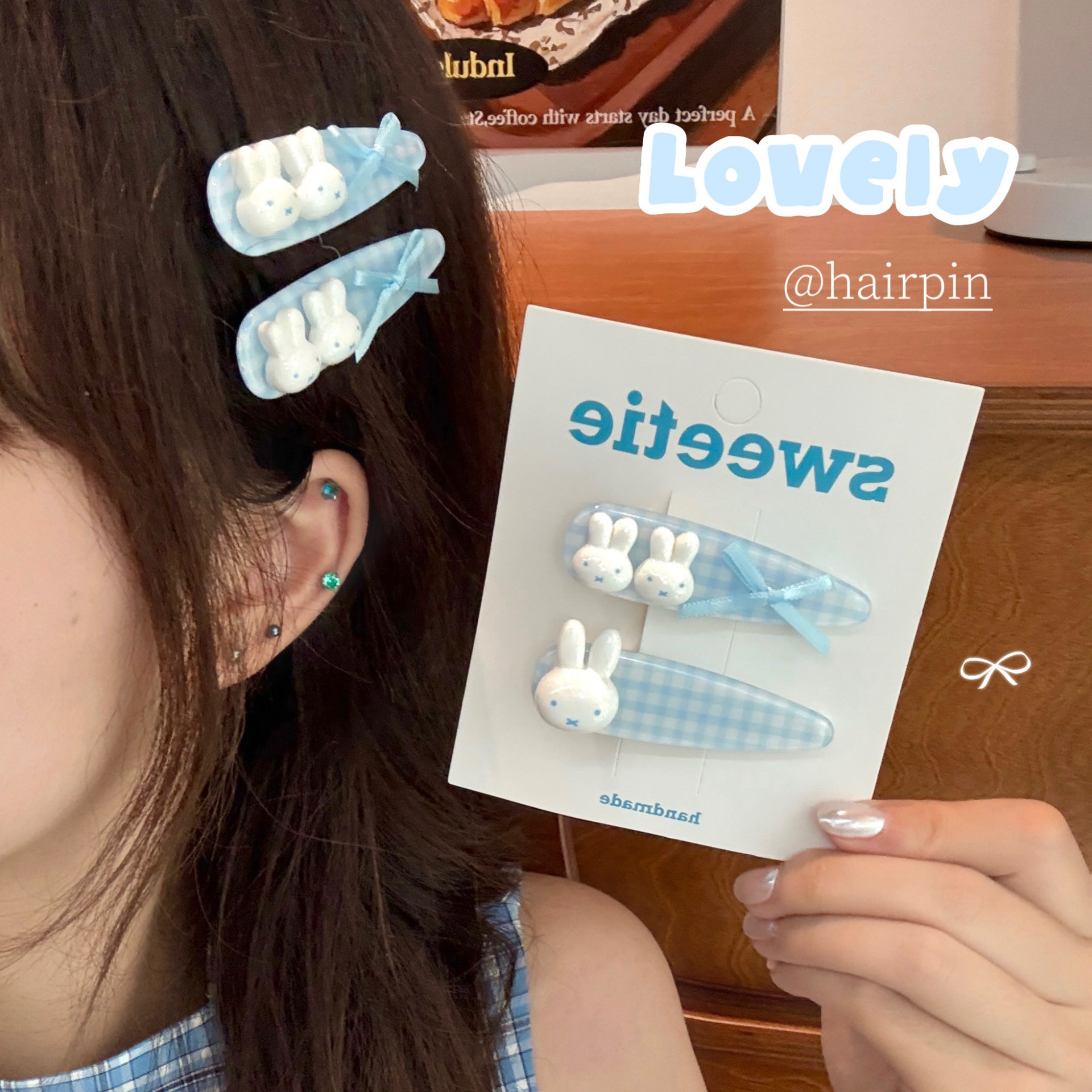 Milk Blue Plaid Bunny Hairpin Girl Sweet Bangs Clip Side Clip Kidsren's Hair Clip Cute Duckbill Clip Hair Accessories