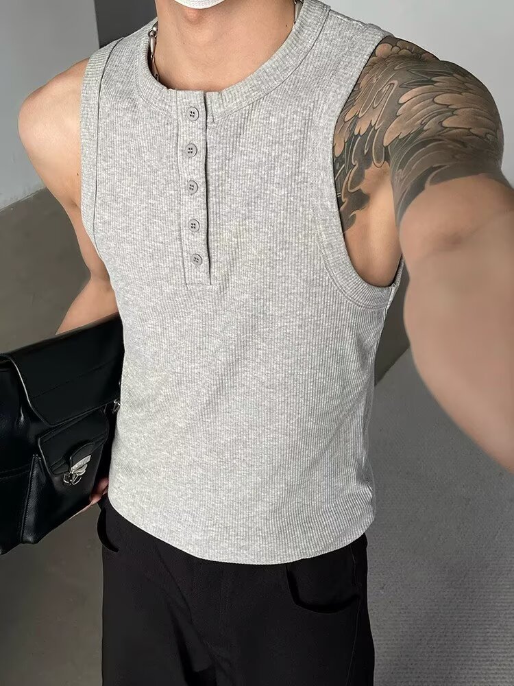Sports Henry Collar Button Vest Men's Elastic 2026 Summer American Style Breathable Ribbed Sleeveless Polo T-Shirt