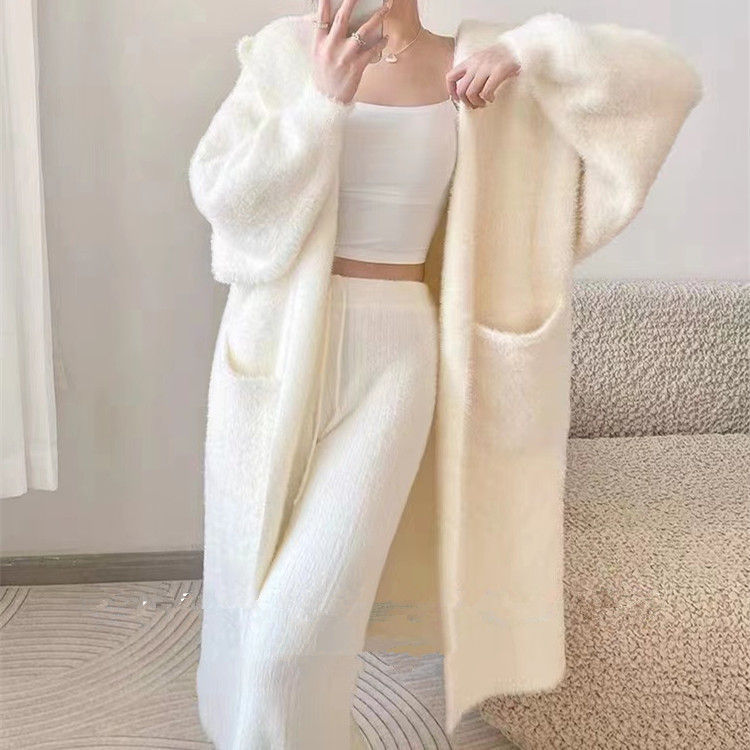 Kaning Lazy Style Mid-Length Imitation Mink Velvet Autumn Outwear for Women 2026 New Mohair Knitted Sweater Cardigan