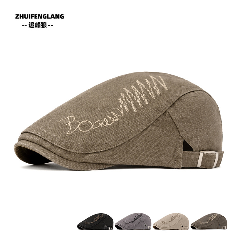 Spring and Summer beret men's pure cotton washed distressed newsboy hat English letter embroidery forward hat outdoor sun hat