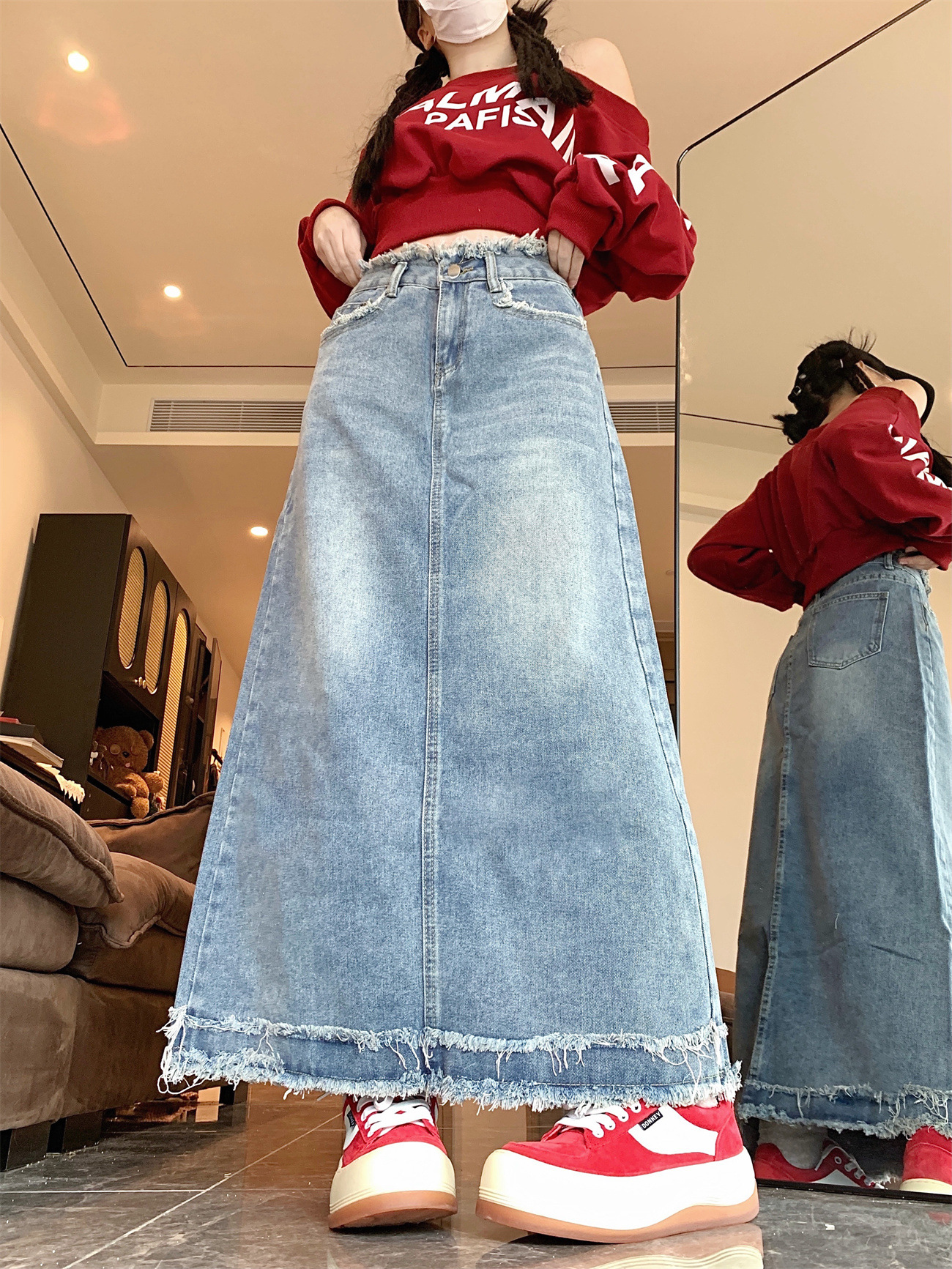 Real shot!!! Vintage Denim Skirt Women's High-end Draped Slimming Pear-shaped Body Mid-length Cotton