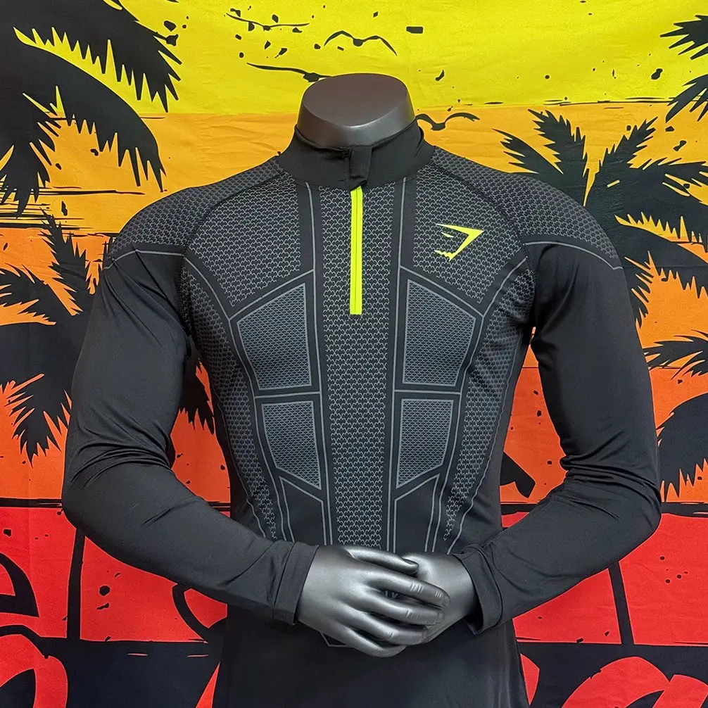 American-Style Thin Spring and Autumn Men's Casual Sports Fitness Top Shark Seamless Slim-Fit Quick-Drying Stretch Long-Sleeve Top