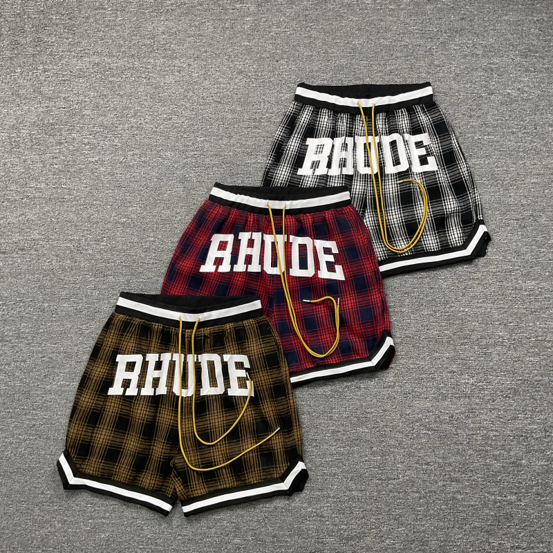Rhude Shorts American High Street Fashion Brand Summer Sports Casual Loose Letter Print Plaid Drawstring Shorts