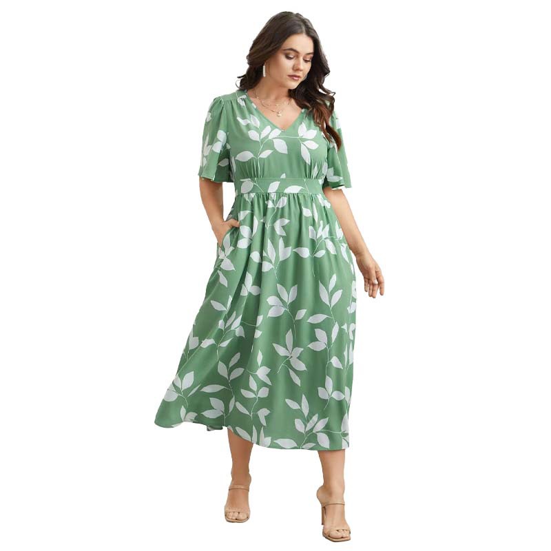 447 Export Cross-Border Casual Seaside Vacation Large Size Loose and Refreshing V Neck Large Mouth Short-Sleeved Waist Oblique Pocket Dress
