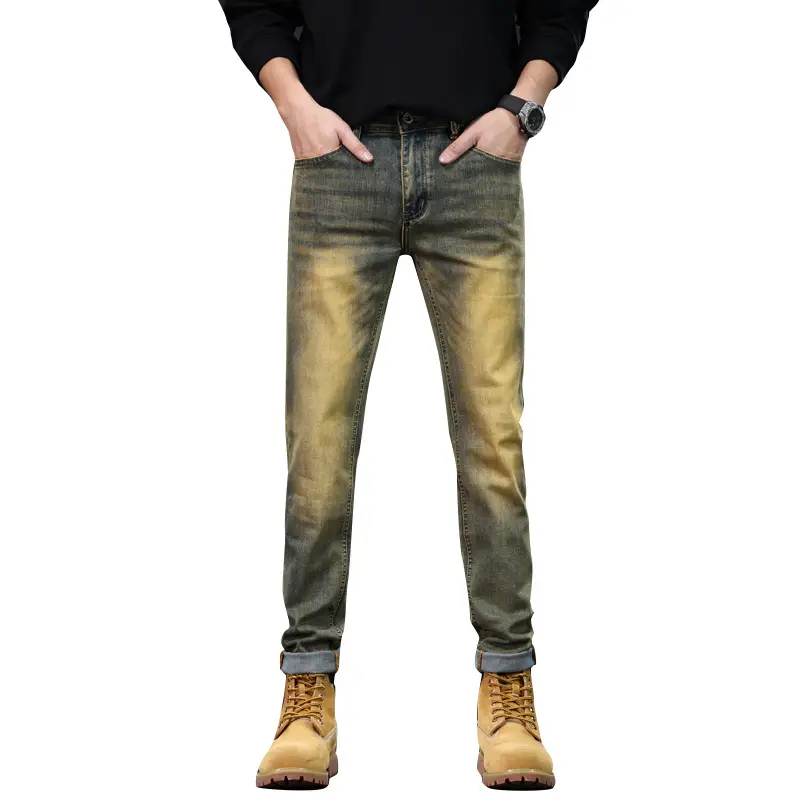Yellow Mud Color Slim Fit Jeans Men's High-end Retro High Street Men's Pants Spring and Autumn New Stretch Leggings Men's