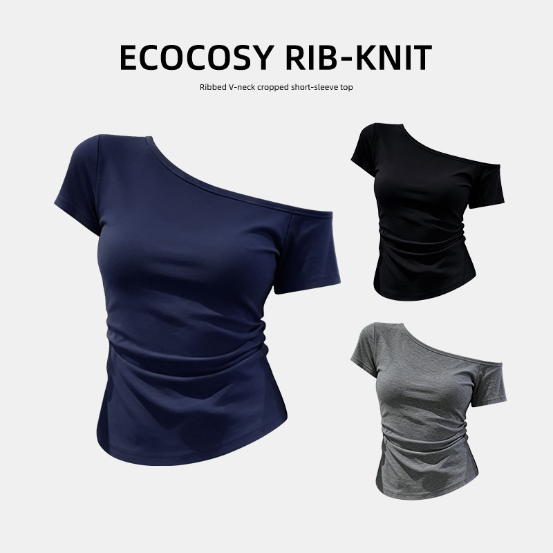 Perfectly Tailored, Pure and Sexy Style, One-Shoulder Top, Slim-Fit, Short-Sleeve T-Shirt for Women, Side Ruched Waist-Cinching Top, New Style