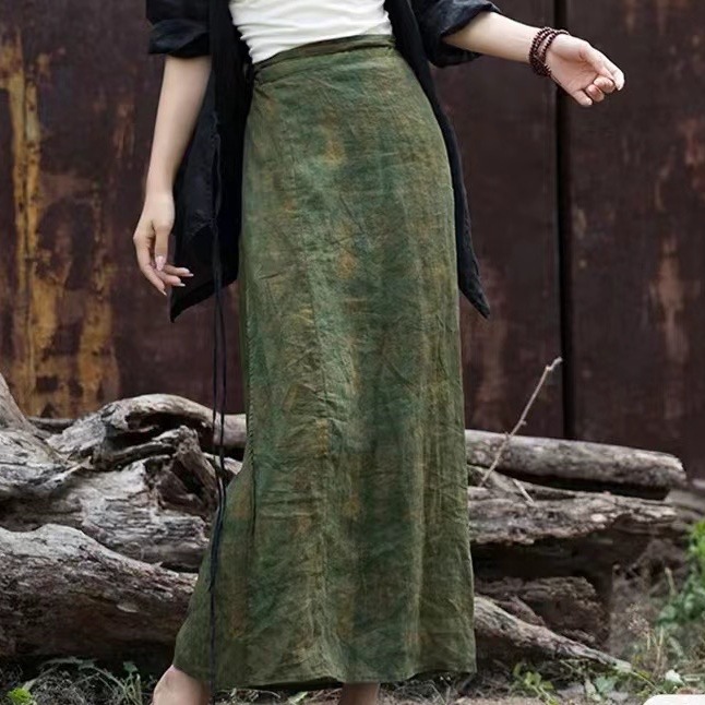 100% Ramie Skirt, New Summer Style, Retro Fashion High-Waisted Tie-Dye Printed Double-Layer Wrap Skirt for Women 23121