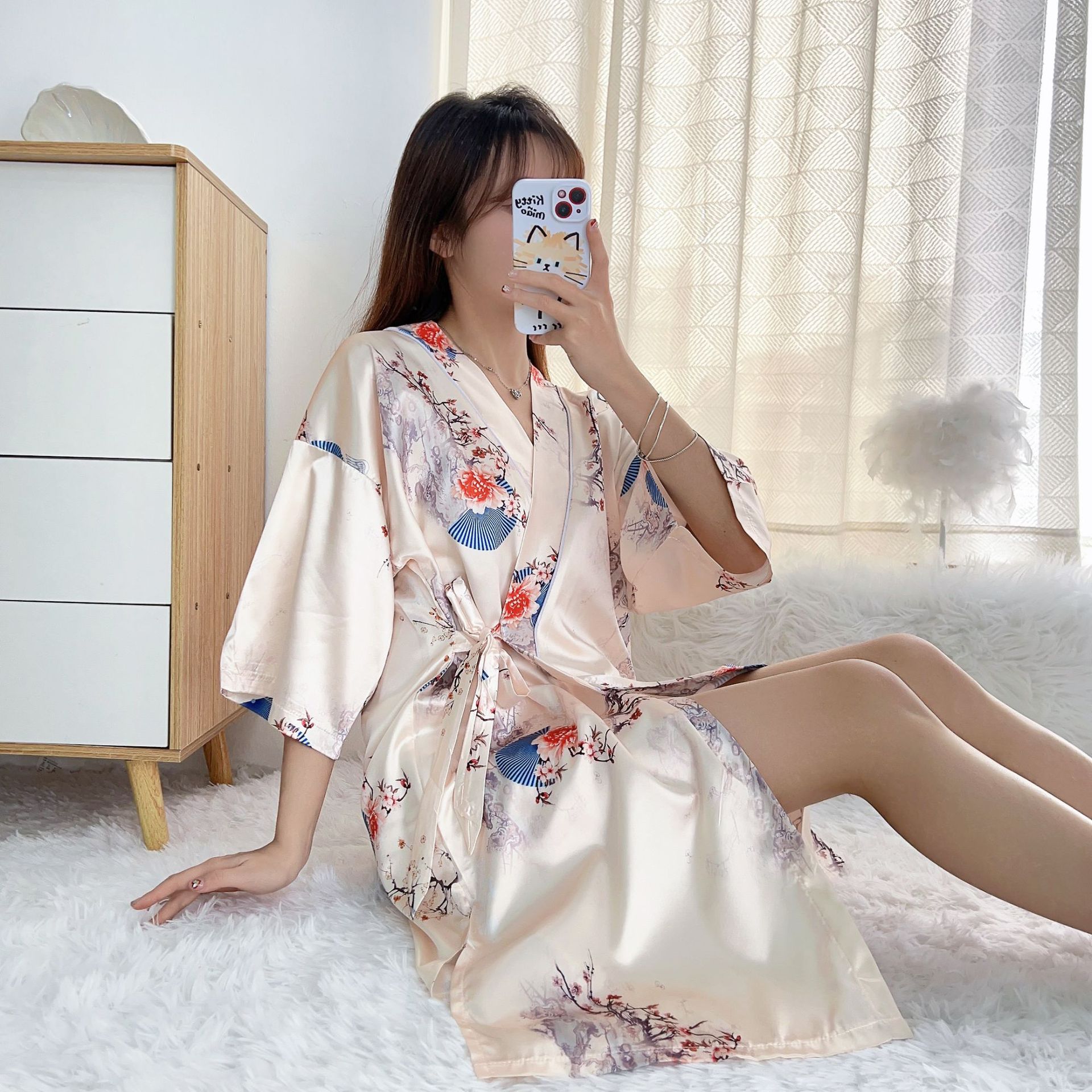 Cross-border Sexy Kimono Nightgown Women's Summer Silk Mid-length Beauty Salon Health Institute Silk Bathrobe Nightgown