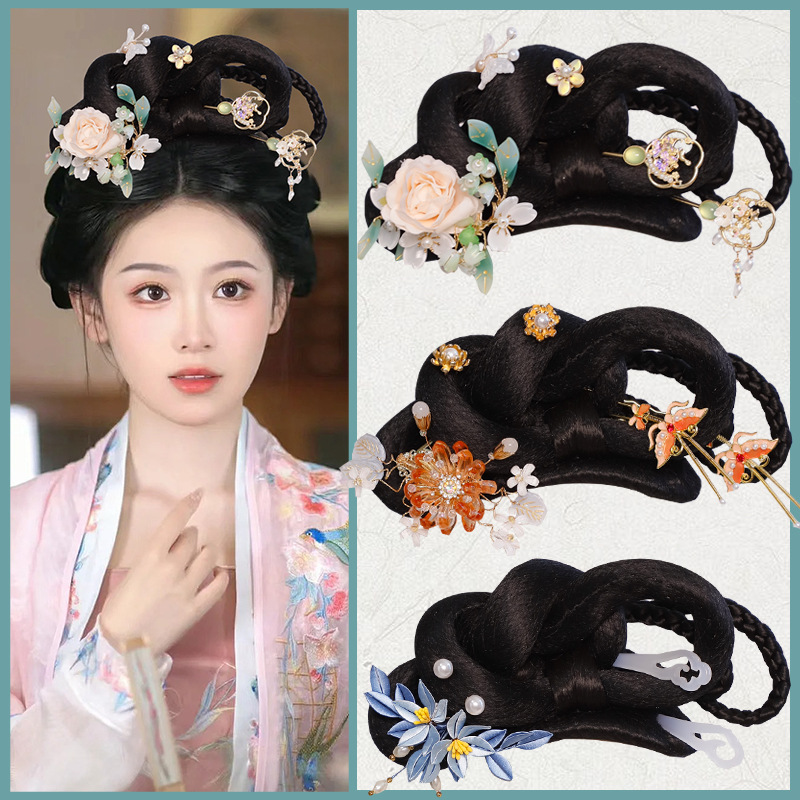 Ancient costume all-match Tang style hair bun full hair silk wig Chinese clothing Ming style hair bun soft bottom novice lazy person bag jewelry combination