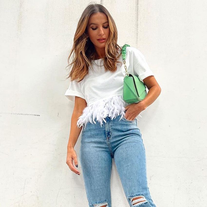2022 Summer European and American Solid Color Feather Slim Fit Short Sleeve T-Shirt Cotton Ostrich Feather Top for Women European and American Style Women's Clothing