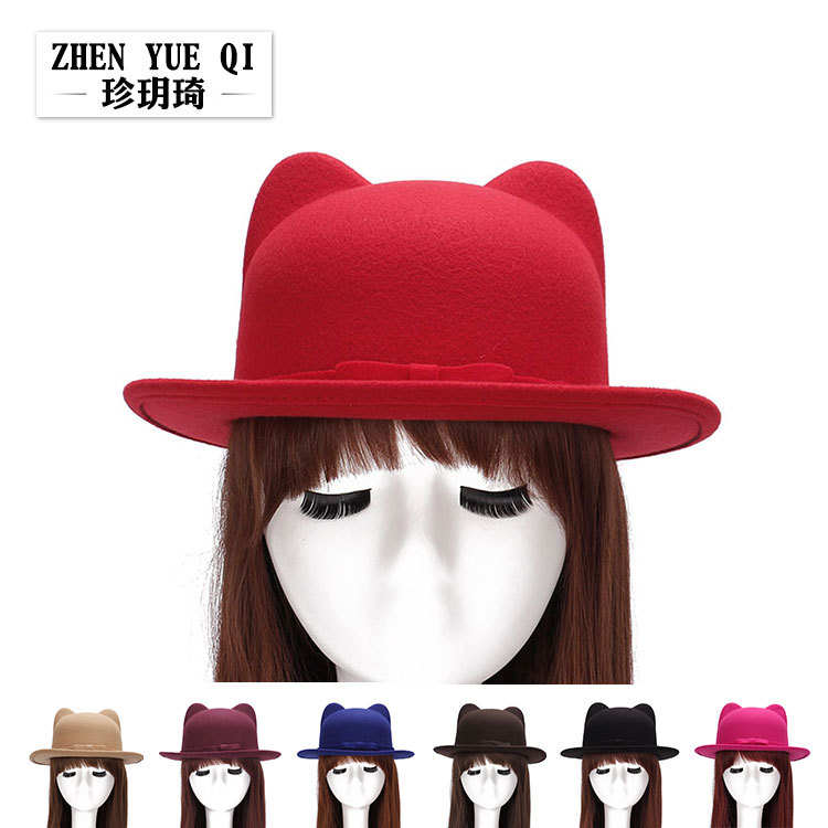 Zhenyueqi autumn and winter bow cat ears small hat ladies imitation wool woolen felt hat fashion hat wholesale