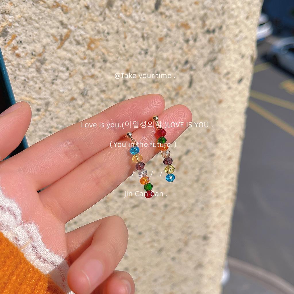 Dopamine Style~~Silver-Plated Needle Colorful Glass Crystal Handmade Design Earrings Ins Sweet Earrings