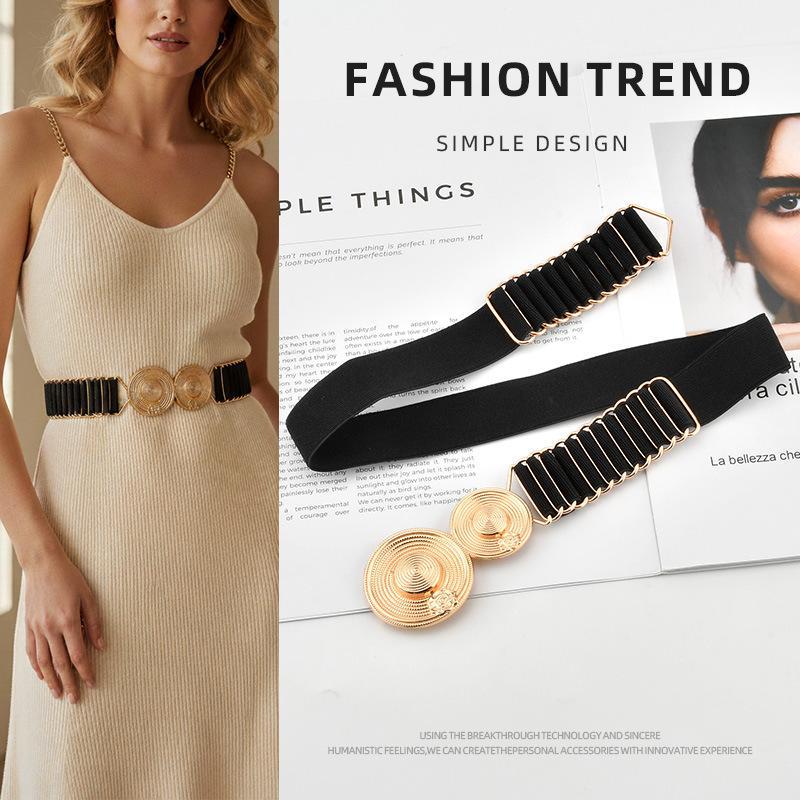 Light Luxury Style Elastic Waist Belt for Women with Alloy Double Round Buckle Decoration, Waist-Cinching Belt for Dresses and Suit Pants