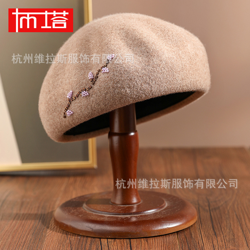 Buta Autumn and Winter Hat Women's Octagonal Hat Wool Beret Shaped Hat Pumpkin Hat Felt Hat Fashion All-match 1350
