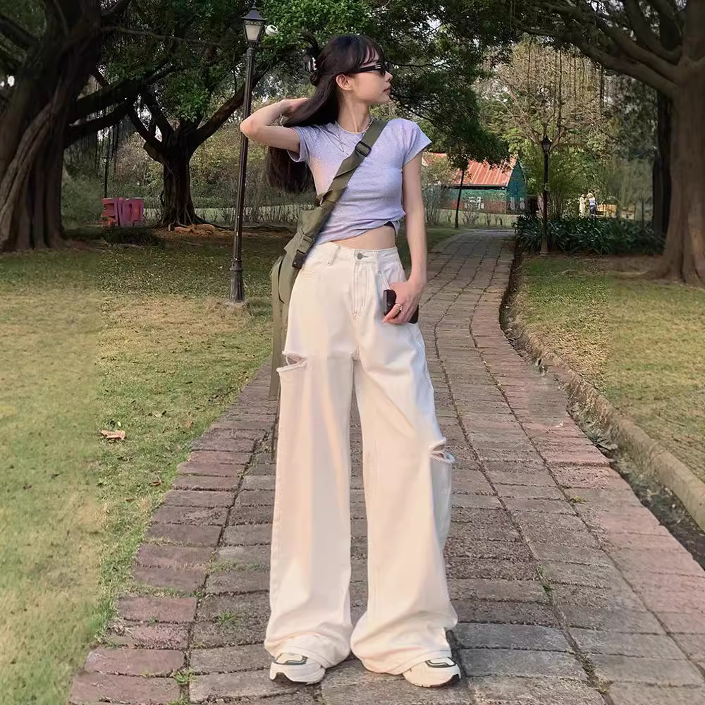 American Ripped Wide-leg White Jeans for Women in Autum Thin High-waisted Straight-leg Slim Loose Draped Floor-length Pants